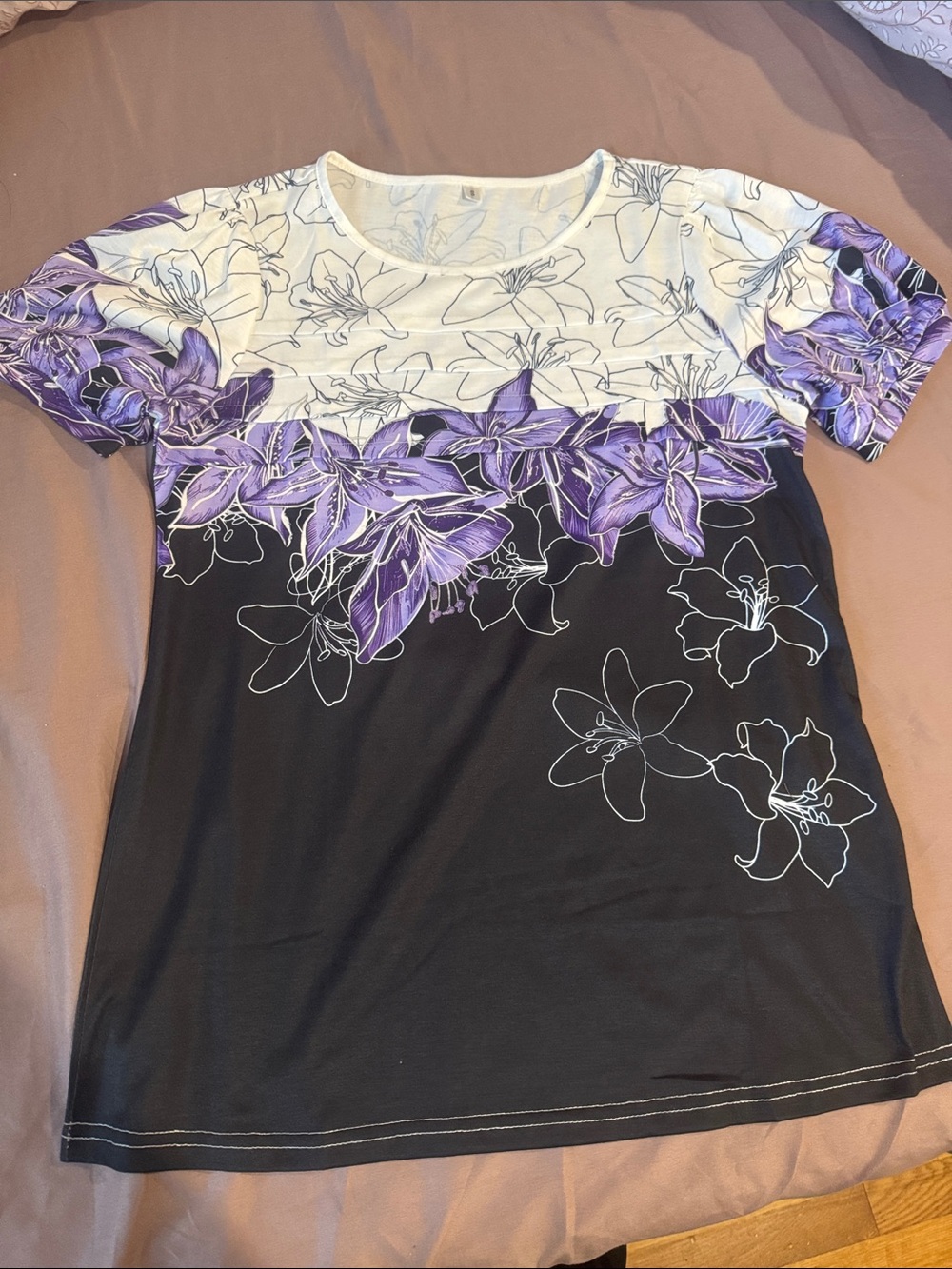 Floral Contrast Short Sleeve Tee - Purple/Black/White